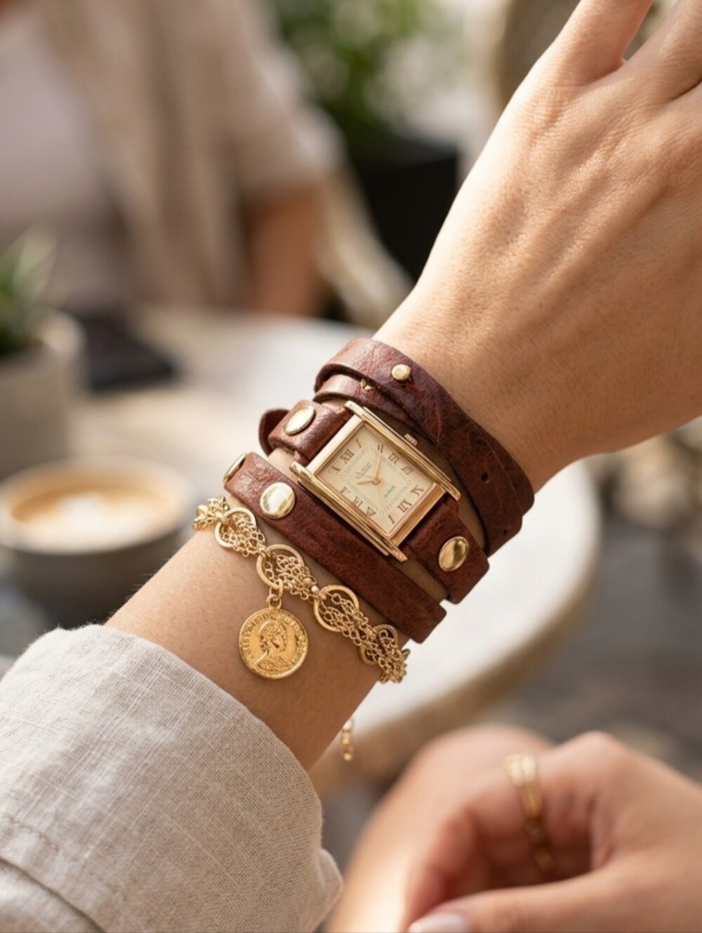 La Mer Collections Boho Brown Leather Chain Layered Wrap Watch with Box
